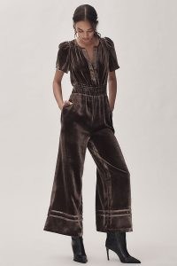 The Somerset Collection by Anthropologie The Somerset Jumpsuit in Taupe Velvet ~ brown puff sleeve wide leg jumpsuits