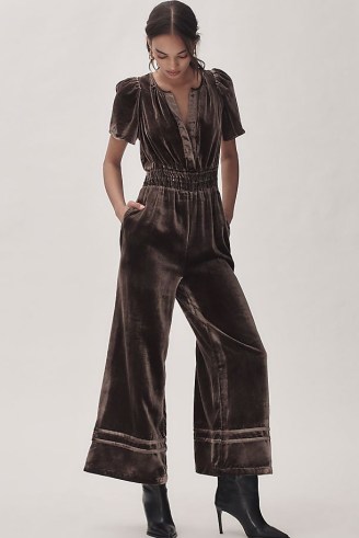 The Somerset Collection by Anthropologie The Somerset Jumpsuit in Taupe Velvet ~ brown puff sleeve wide leg jumpsuits