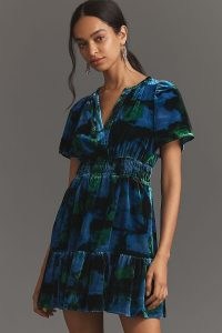 Anthropologie The Somerset Mini Dress in Blue Motif – velvet short sleeve tiered hem dresses