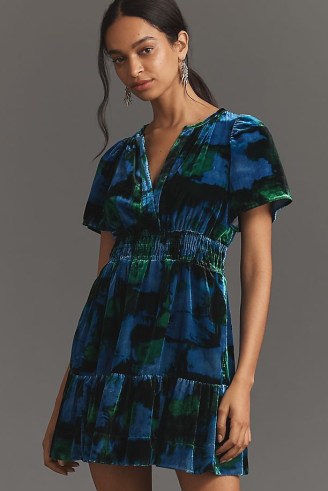 Anthropologie The Somerset Mini Dress in Blue Motif – velvet short sleeve tiered hem dresses