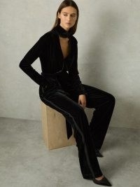 REISS Vera Velvet Belted Wide Leg high neck Jumpsuit in Black ~ plush cut out jumpsuits ~ women’s party fashion