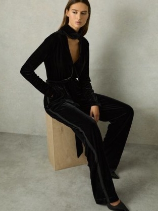 REISS Vera Velvet Belted Wide Leg high neck Jumpsuit in Black ~ plush cut out jumpsuits ~ women’s party fashion