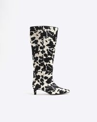 RIVER ISLAND White Cow Print Leather Knee High Boots ~ women’s monochome animal print boot