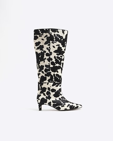 RIVER ISLAND White Cow Print Leather Knee High Boots ~ women’s monochome animal print boot