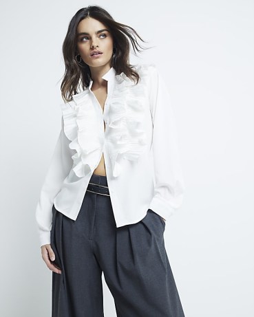 River Island White Long Sleeved Ruffled Blouse – ruffled blouses – womens frilled shirt