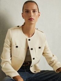 REISS Blane Wool Cropped Jacket Cream ~ women’s smart off white military style jackets ~ padded shoulders with epaulettes ~ crop hem ~ round collarless neckline