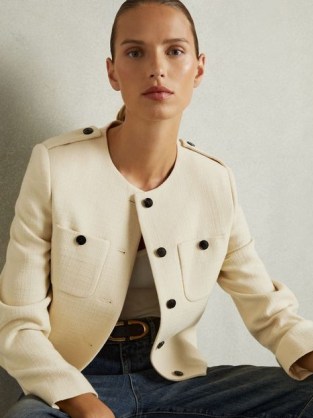 REISS Blane Wool Cropped Jacket Cream ~ women’s smart off white military style jackets ~ padded shoulders with epaulettes ~ crop hem ~ round collarless neckline