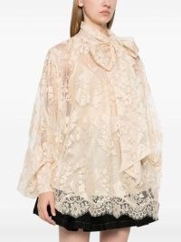 ZIMMERMANN Illustration Lace Blouse in beige – romantic semi sheer overlay blouses – luxury pussybow top – luxe balloon sleeve tie collar tops