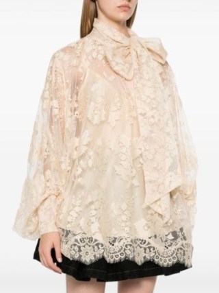 ZIMMERMANN Illustration Lace Blouse in beige – romantic semi sheer overlay blouses – luxury pussybow top – luxe balloon sleeve tie collar tops