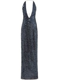 16Arlington Blue Eima Gownin Midnight ~ sequinned plunge front halter gowns ~ sequined halterneck maxi length column dress