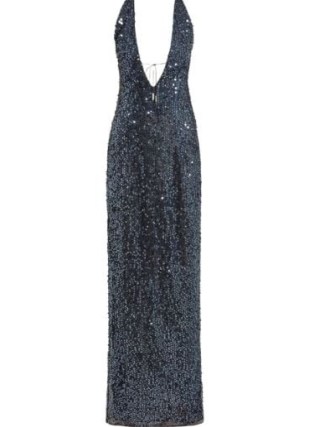 16Arlington Blue Eima Gownin Midnight ~ sequinned plunge front halter gowns ~ sequined halterneck maxi length column dress