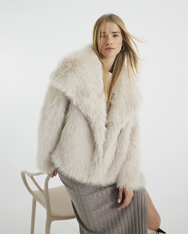 River Island Beige Faux Fur Long Sleeve Jacket ~ fluffy fake fur jackets