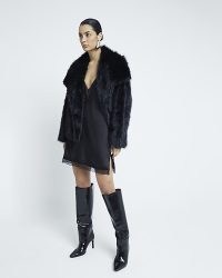 River Island Black Faux Fur Jacket – fluffy fake fur jackets – evening glamour