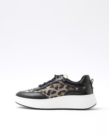 River Island Black Leopard Print Lace Up Trainers – embellished animal print trainer