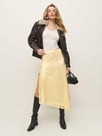 Reformation Stacia Satin Skirt in Blonde ~ asymmetric lace trimmed slip skirts