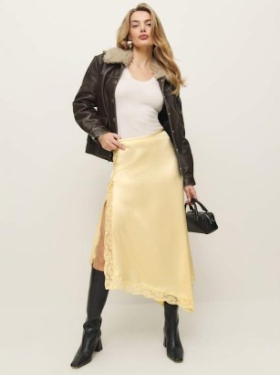 Reformation Stacia Satin Skirt in Blonde ~ asymmetric lace trimmed slip skirts