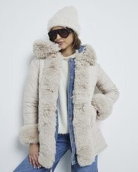 River Island Blue Denim Faux Fur Trim Reversible Coat – women’s fake fur trimmed coats