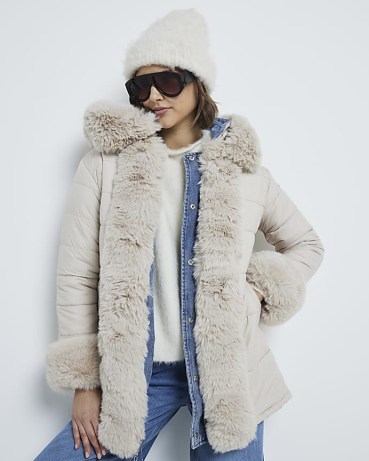 River Island Blue Denim Faux Fur Trim Reversible Coat – women’s fake fur trimmed coats