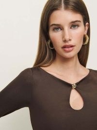 The Reformation Aubrey Knit Top Brown ~ long sleeve fitted keyhole cut out tops