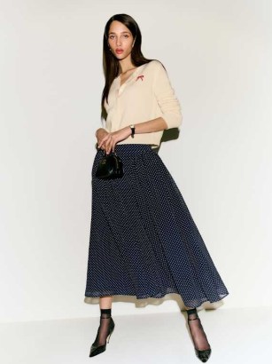 Reformation Gwen Skirt in Button – polka dot print fit and flare midi skirts