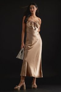 By Anthropologie Carrie Bow Bandeau Maxi Slip Dress in Gold ~ strapless satin evening dresses ~ feminine party clothes