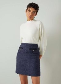 L.K. Bennett Charlie Navy Recycled Cotton Blend Tweed Skirt – women’s dark blue textured short length skirts