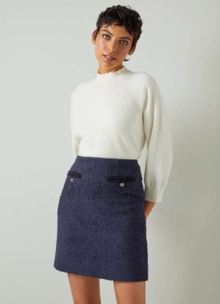 L.K. Bennett Charlie Navy Recycled Cotton Blend Tweed Skirt – women’s dark blue textured short length skirts