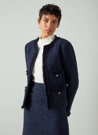 L.K. Bennett Charlie Navy Recycled Cotton Tweed And Trim Jacket – women’s collarless fringe trimmed jackets