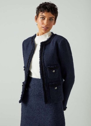 L.K. Bennett Charlie Navy Recycled Cotton Tweed And Trim Jacket – women’s collarless fringe trimmed jackets