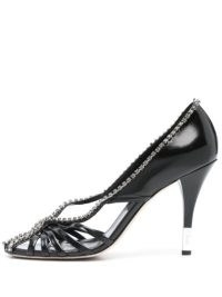 Chloé 95mm Leonie rhinestone embellished pumps in Black – leather cut out court shoes – caged courts