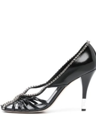 Chloé 95mm Leonie rhinestone embellished pumps in Black – leather cut out court shoes – caged courts