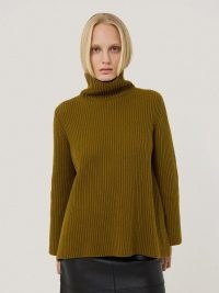 JIGSAW Cotton Blend Faroe Fishermans in Khaki ~ women’s green ribbed roll neck slit hem jumper