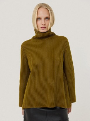 JIGSAW Cotton Blend Faroe Fishermans in Khaki ~ women’s green ribbed roll neck slit hem jumper