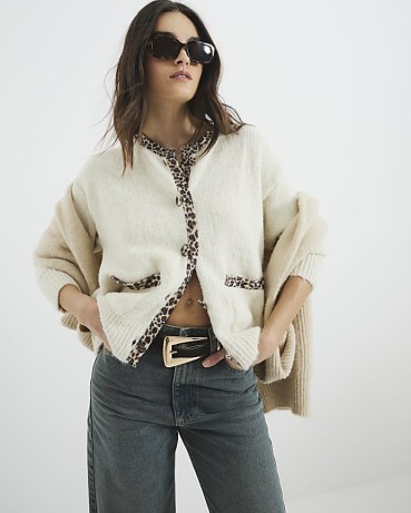 River Island Cream Leopard Trim Cardigan – women’s animal trimmed crew neck cardigans