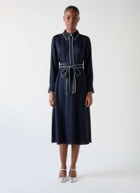 L.K. Bennett Elise Treetop Navy Viscose Edge Stitch Detail Shirt Dress – women’s smart dark blue collared midi dresses