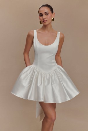 MESHKI Felicia Satin Mini Dress With Bow in White / silky sleeveless fit and flare party dresses