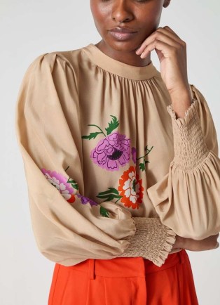 L.K. BENNETT Fleur Nude Silk Placement Floral Motif Blouse ~ fluid balloon sleeve blouses ~ silky blouson tops