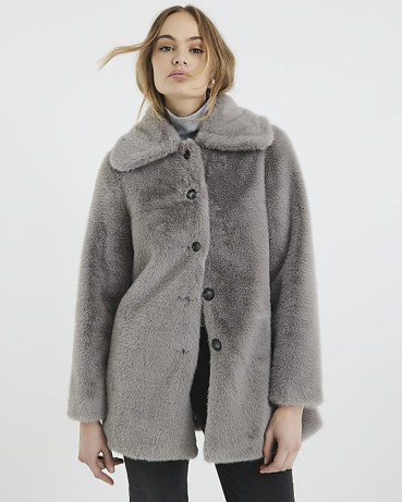 River Island Grey Faux Fur Button Up Midi Coat – women’s plush fake fur winter coats