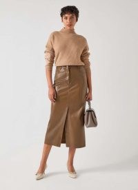 L.K. BENNETT Hardy Brown Polyester Faux Leather Midi Pencil Skirt ~ women’s fake leather front slit skirts