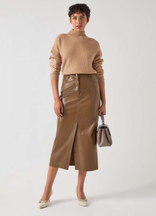 L.K. BENNETT Hardy Brown Polyester Faux Leather Midi Pencil Skirt ~ women’s fake leather front slit skirts