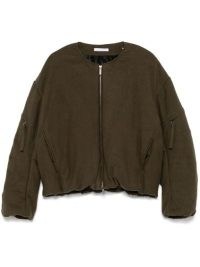 Helmut Lang Cocoon Bomber Jacket in Olive Green | women’s collarless zip up jackets