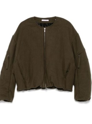 Helmut Lang Cocoon Bomber Jacket in Olive Green | women’s collarless zip up jackets