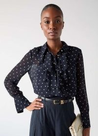 L.K. Bennett Hester Blue & Navy Spot Viscose Crepe Satin Blouse – dark blue ruffled front polka dot blouses