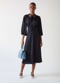 L.K. Bennett Hester Blue & Navy Viscose Spot Tie Neck Gather Front Dress – ladylike clothing – dark blue polka dot midi dresses