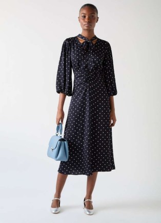 L.K. Bennett Hester Blue & Navy Viscose Spot Tie Neck Gather Front Dress – ladylike clothing – dark blue polka dot midi dresses