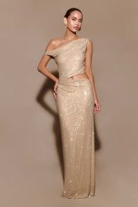 MESHKI Kenny Diamante One Shoulder Maxi Dress in Gold / sparkling asymmetric cut out occasion dresses / shimmering evening fashion