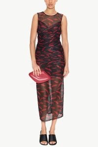 Simon Miller Kinny Mesh Dress in Lip Print | sleeveless ruched semi sheer party dresses