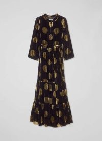 L.K. BENNETT Lulu Black & Gold Giant Spot Print Velvet Dress – luxurious tiered hem evening occasion dresses