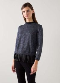 L.K. BENNETT Mary Black Pleated Detail Organic Cotton Knit Jumper – frill detail metallic thread jumpers – women’s frilled evening sweater