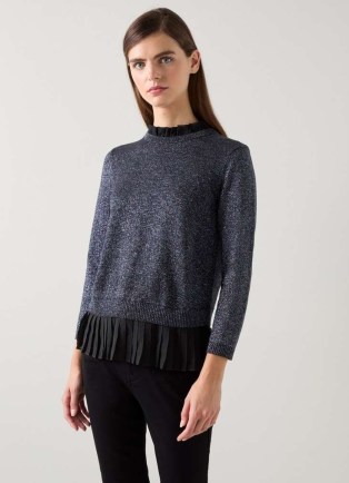 L.K. BENNETT Mary Black Pleated Detail Organic Cotton Knit Jumper – frill detail metallic thread jumpers – women’s frilled evening sweater